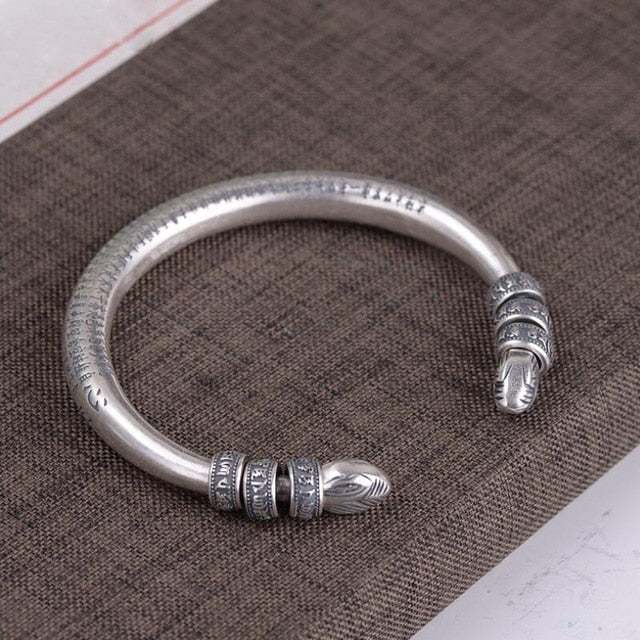 Iregalijoy Sterling Silver Tibetan Six Words Mantra Bangle for Men and Women Buddhist Heart Sutra Cuff Bracelet Good Luck Jewelry