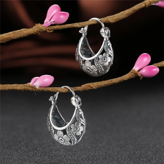 Vintage Flower Hoop Earrings 925 Sterling Silver Earrings Brincos Women Mother Day Gift Fine Jewelry iregalijoy