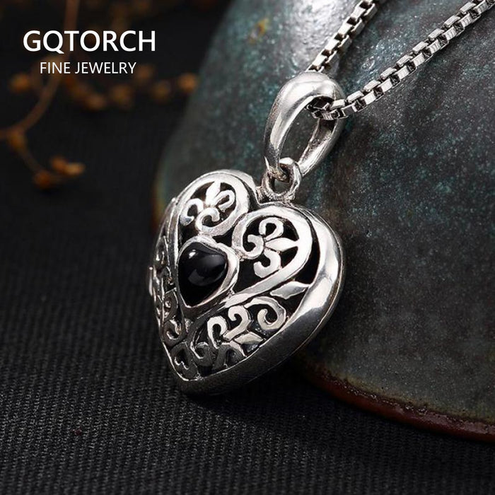 Vintage Thai Silver 925 Sterling Heart Shaped Lockets Pendant Aromatherapy Antique Hollow Flower Natural Stone Fine Jewelry