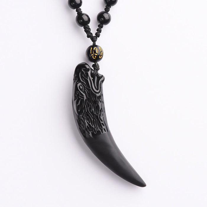 Iregalijoy Fashion Black Obsidian Wolf Tooth Spike Pendant Necklace For Women Men Natural Stone Beads Rope Chain Necklace Jewelry Gifts