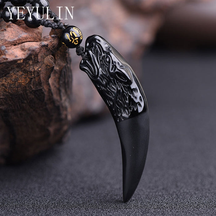 Iregalijoy Fashion Black Obsidian Wolf Tooth Spike Pendant Necklace For Women Men Natural Stone Beads Rope Chain Necklace Jewelry Gifts