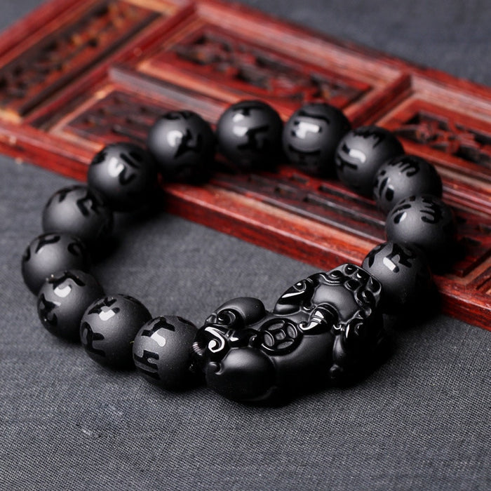 Iregalijoy Natural Black Obsidian Matte PiXiu Beaded Charm Bracelet Brave Troops Six-Word Mantra Wealth Pi Yao Bangle Men Women Jewelry