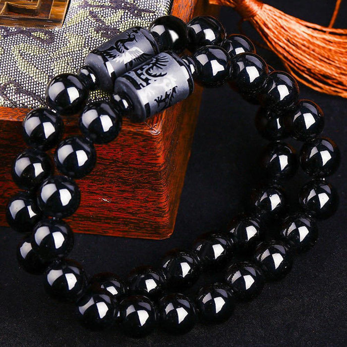 iregalijoy New Natural Black Obsidian Bead Dragon Phoenix Strand Bracelet For Men Women Couples Lovers Totem Buddha Lucky Amulet Jewelry