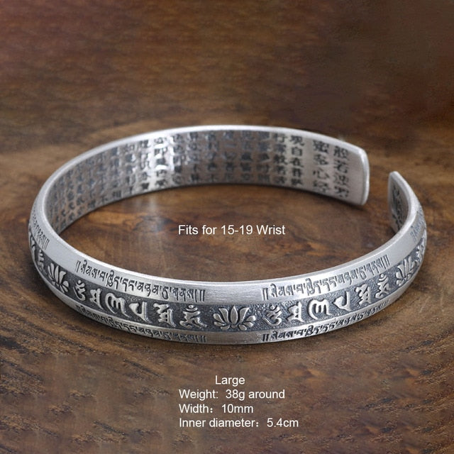 Iregalijoy Real 999 Pure Silver Cuff Bangle Engraved Heart Sutra Six-character Mantra Retro Lovers Men& and Women Bracelets Open Type