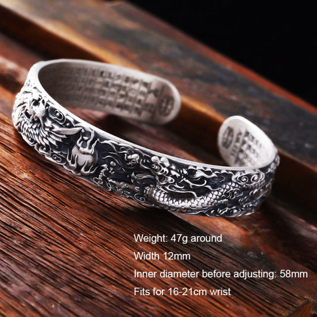 iregalijoy Real 999 Pure Silver Dragon and Phoenix Bangles for Men Heart Sutra Engraved Vintage Opening Adjustable Bracelet