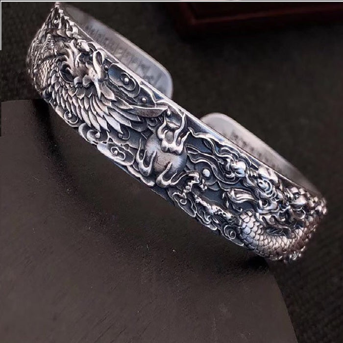 iregalijoy Real 999 Pure Silver Dragon and Phoenix Bangles for Men Heart Sutra Engraved Vintage Opening Adjustable Bracelet