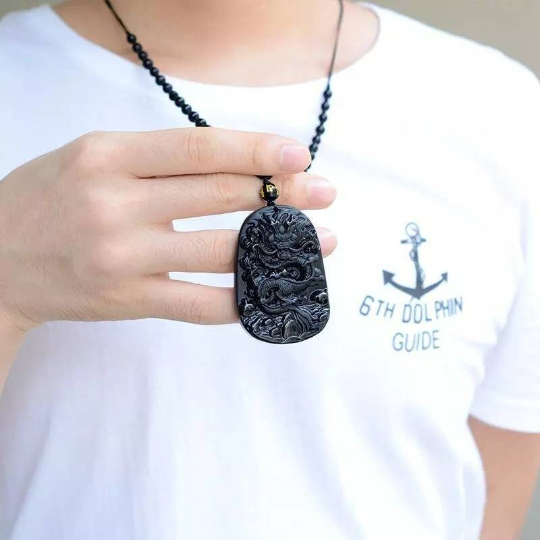 Black Obsidian Carved Dragon Lucky Amulets And Talismans Natural Stone Pendant With Free Beads Chain For Men Jewelry