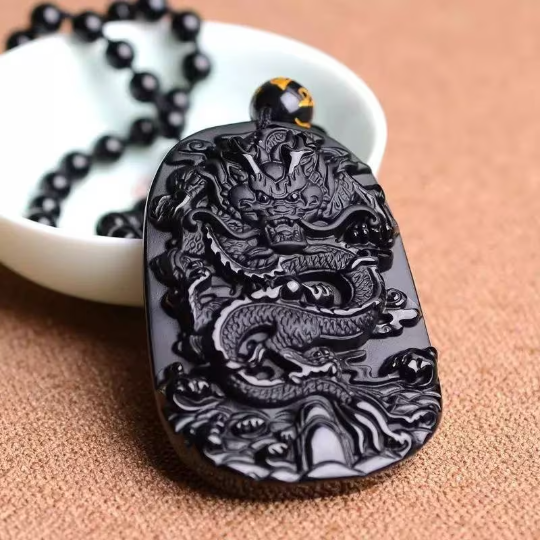 Black Obsidian Carved Dragon Lucky Amulets And Talismans Natural Stone Pendant With Free Beads Chain For Men Jewelry