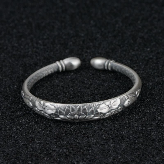 Tibetan Six Words Mantra Vintage Silver Bangles for Women Openable Fish Lotus Buddhist Jewelry 99.9% PURE SILVER bracelet