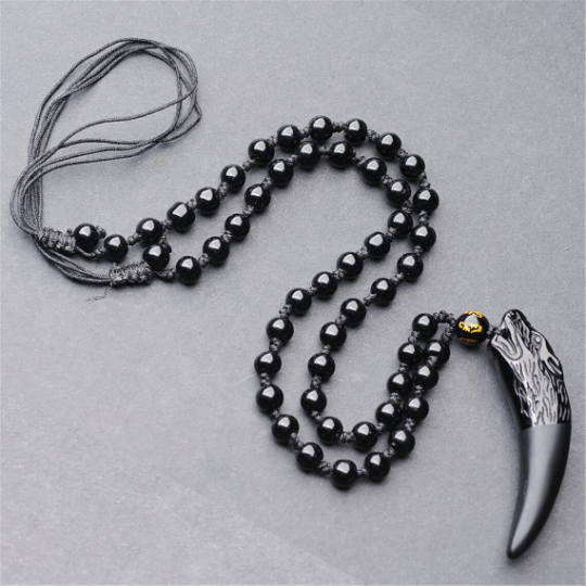 Nature Obsidian Wolf Tooth Pendant Necklaces Lucky Beaded Rope Couple Necklaces Black and Amulets Necklaces adjustable