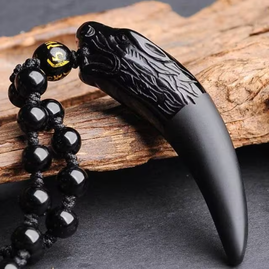 Nature Obsidian Wolf Tooth Pendant Necklaces Lucky Beaded Rope Couple Necklaces Black and Amulets Necklaces adjustable
